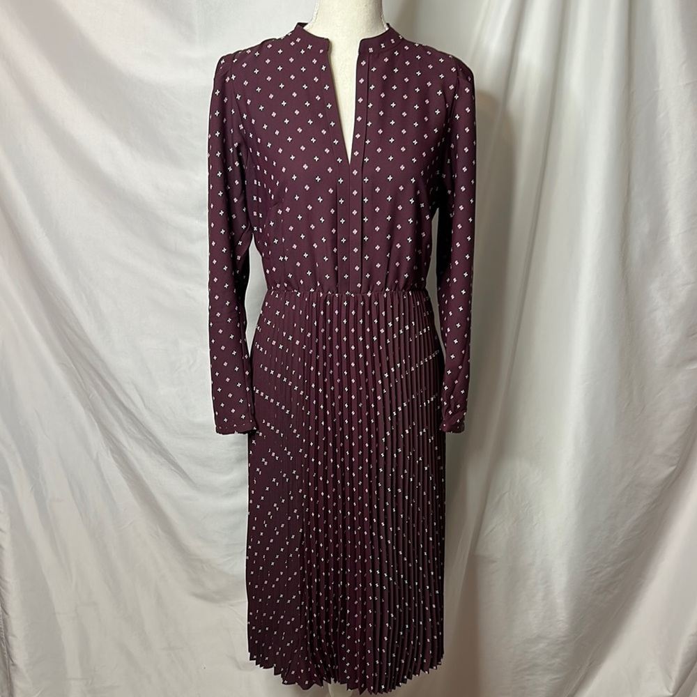 Ann Taylor Plum Long Sleeve A-Line Dress with Pleated Skirt